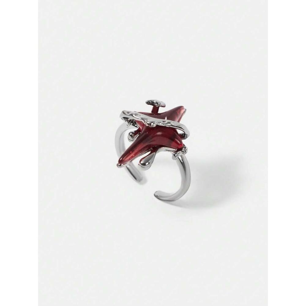 Goth Emo Punk Avante Garde Adjustable Silver Ring with Red Star Design